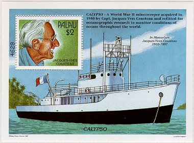 Jacque Cousteau,
 with Calypso - Palau Stamp
