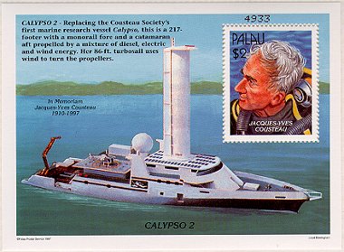 Jacque Cousteau - Palau stamp with Calypso